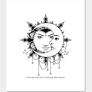 Sun and Moon,live by the sun love by the moon,vintage black and white illustration Posters and Art